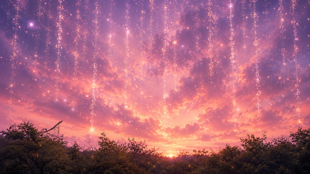 夕焼け空に光の言語が降り注ぐ幻想的な風景