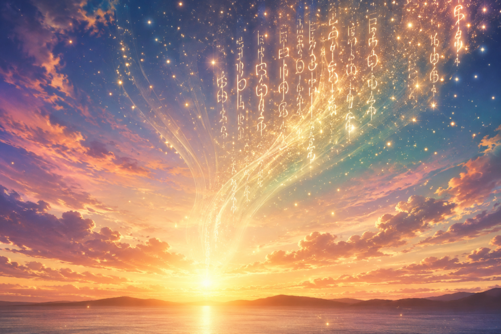 ライトランゲージと夕焼け空の幻想的な風景